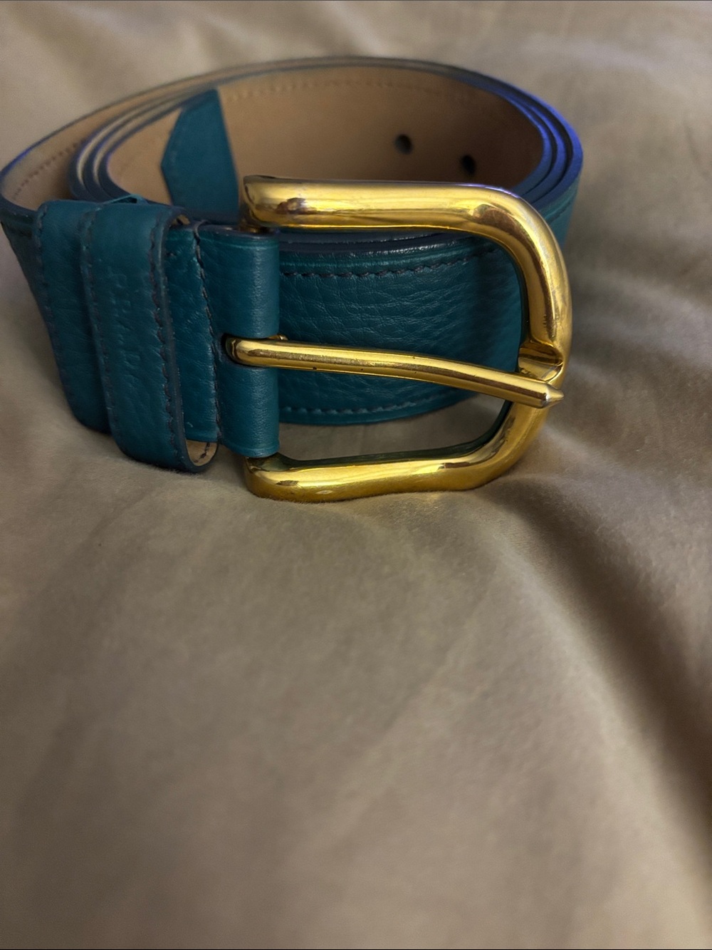 Prada Teal Leather Belt with Gold Buckle